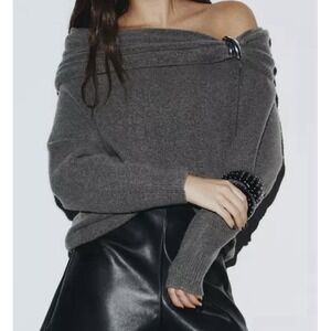 zara womens off shoulder knit sweater Long Sleeves Size Small Gray NWT